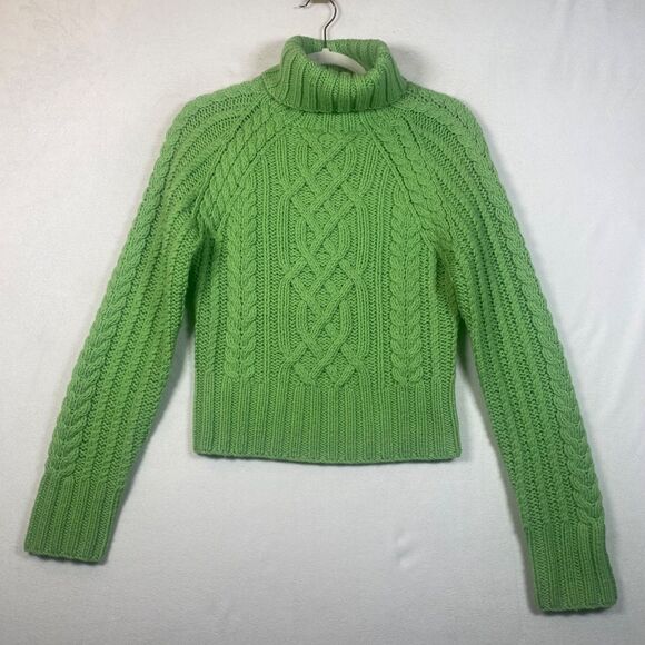 Express Hand Knit 100% Merino Wool Cable Knit Turtleneck Sweater Women’s M Green - Picture 1 of 9